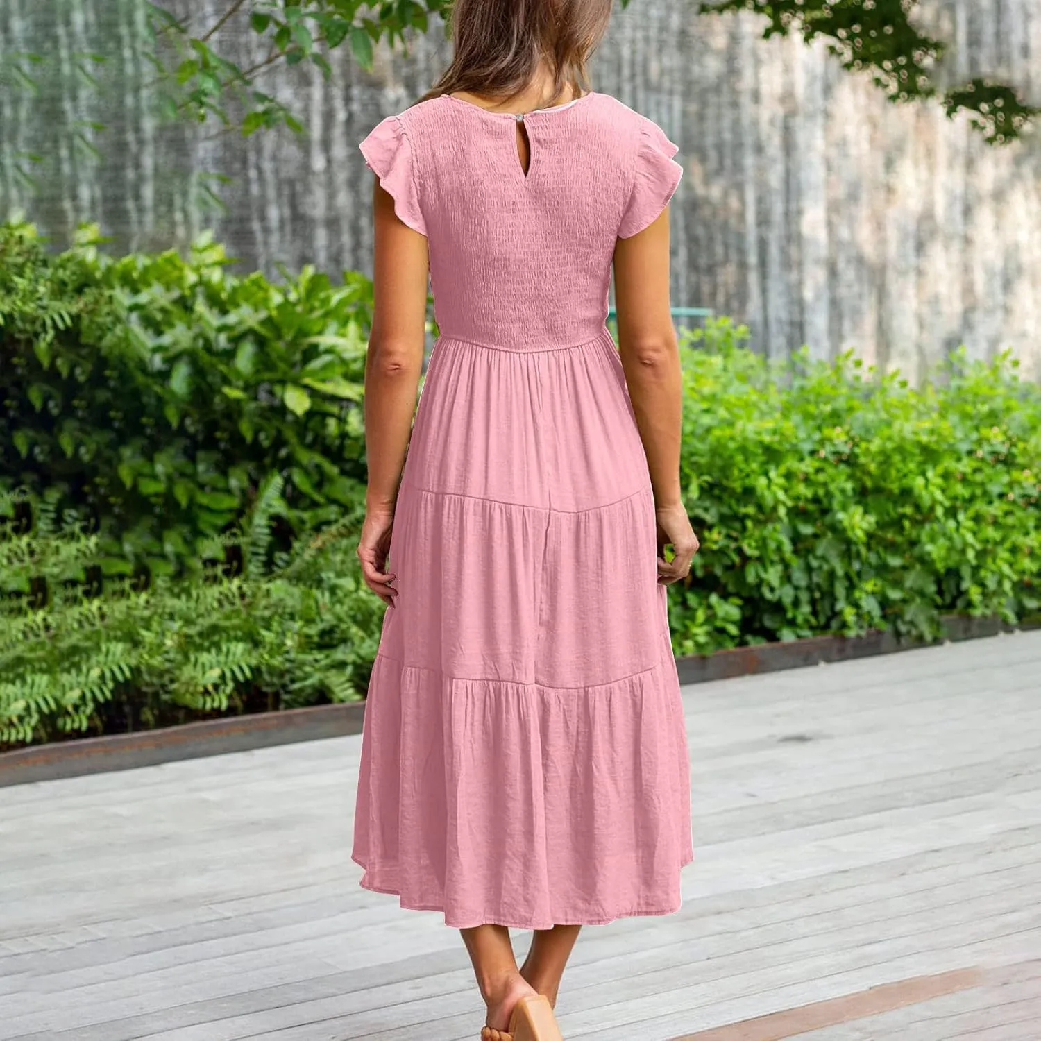 elegant dresses for women 2024 casual summer ruffle short sleeve Tiered ankle length dresses solid flowy midi dress