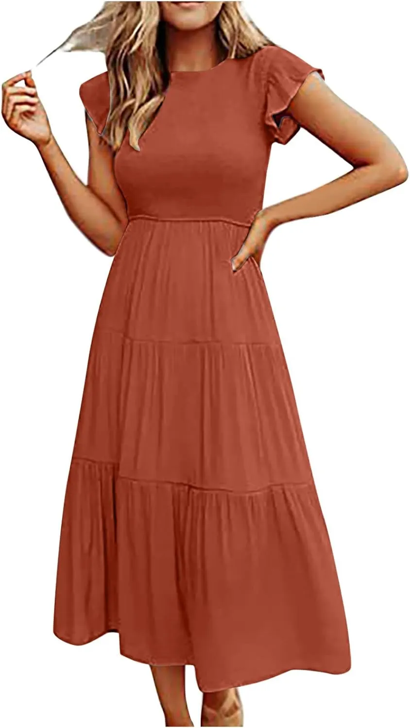 elegant dresses for women 2024 casual summer ruffle short sleeve Tiered ankle length dresses solid flowy midi dress