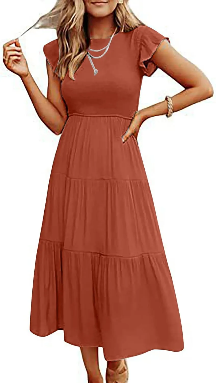 elegant dresses for women 2024 casual summer ruffle short sleeve Tiered ankle length dresses solid flowy midi dress
