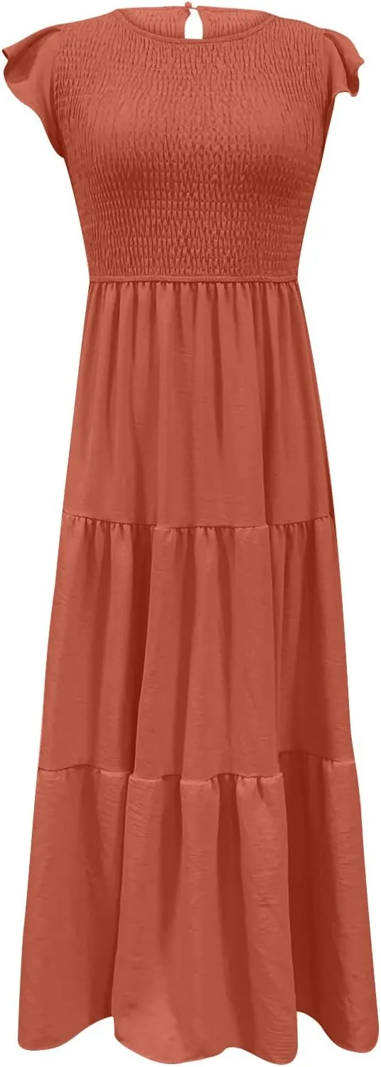elegant dresses for women 2024 casual summer ruffle short sleeve Tiered ankle length dresses solid flowy midi dress
