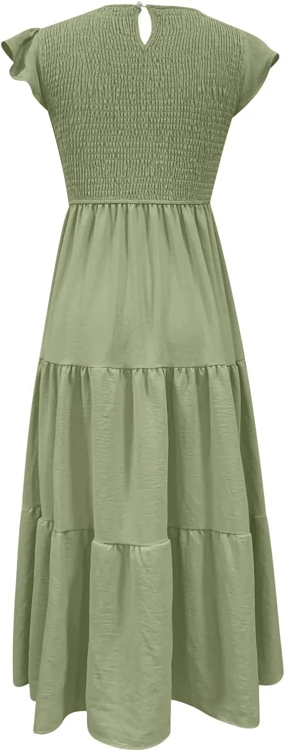elegant dresses for women 2024 casual summer ruffle short sleeve Tiered ankle length dresses solid flowy midi dress