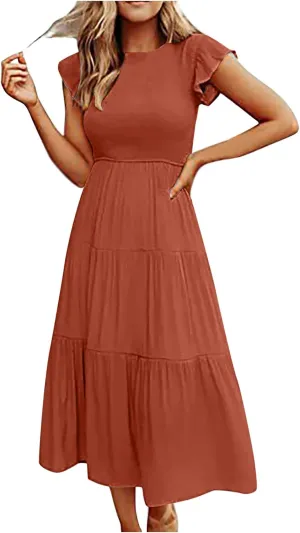 elegant dresses for women 2024 casual summer ruffle short sleeve Tiered ankle length dresses solid flowy midi dress