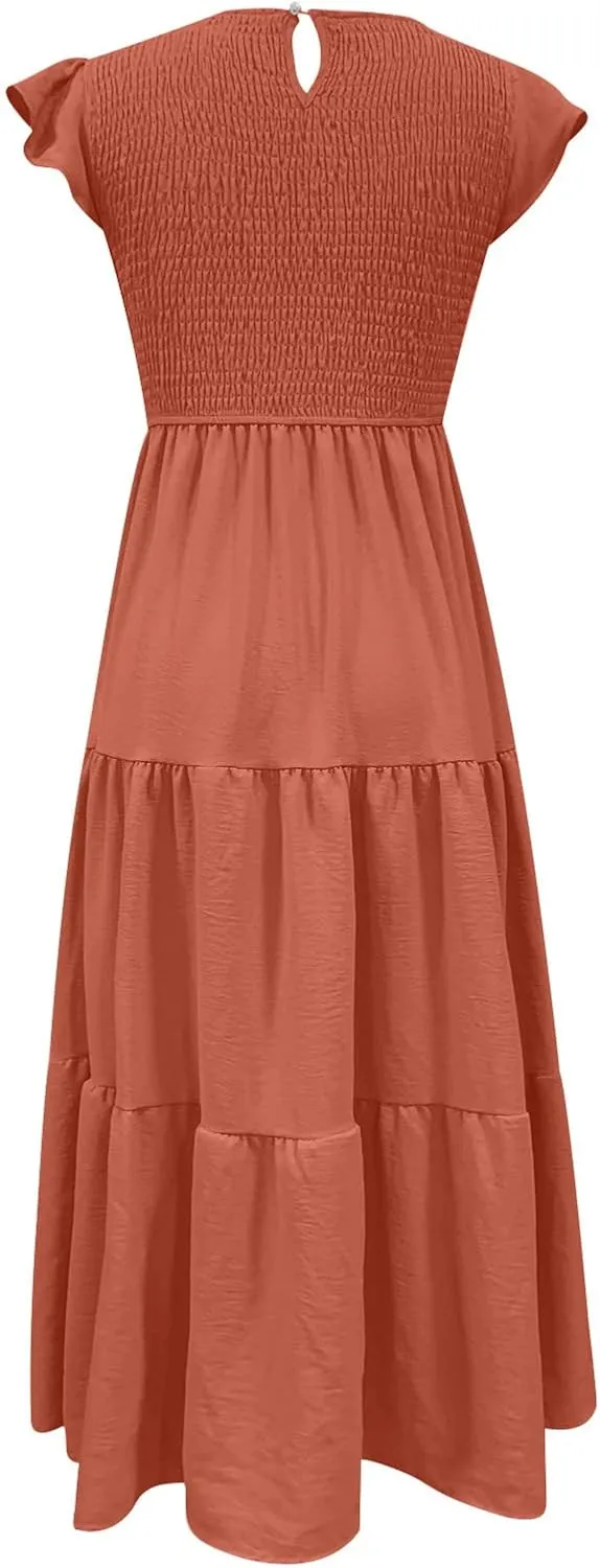 elegant dresses for women 2024 casual summer ruffle short sleeve Tiered ankle length dresses solid flowy midi dress
