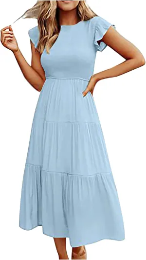 elegant dresses for women 2024 casual summer ruffle short sleeve Tiered ankle length dresses solid flowy midi dress