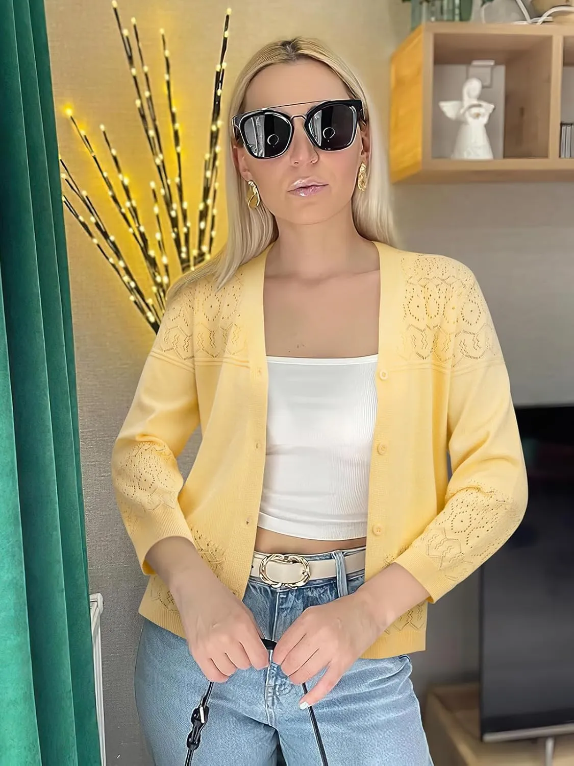 FAIRY SEASON Women's Lightweight Cropped Cardigan 3/4 Sleeve Crochet Shrug Button Down Knit Sweater Summer Cardigans