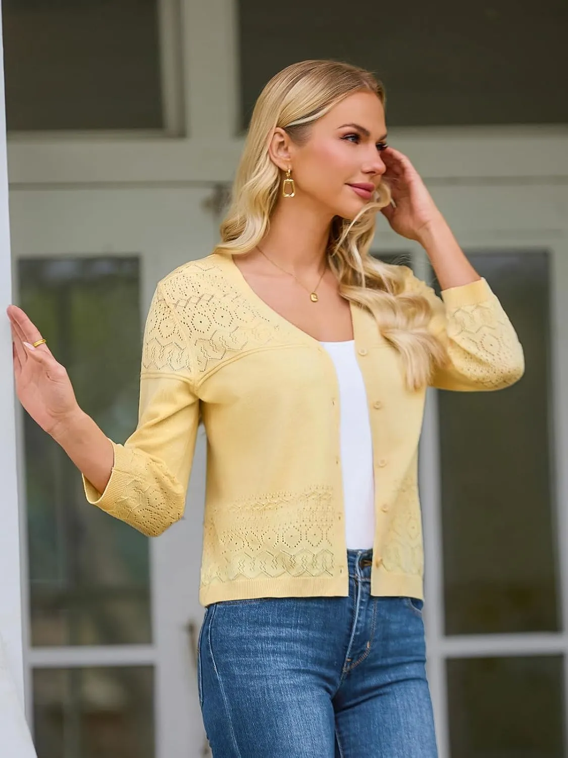 FAIRY SEASON Women's Lightweight Cropped Cardigan 3/4 Sleeve Crochet Shrug Button Down Knit Sweater Summer Cardigans