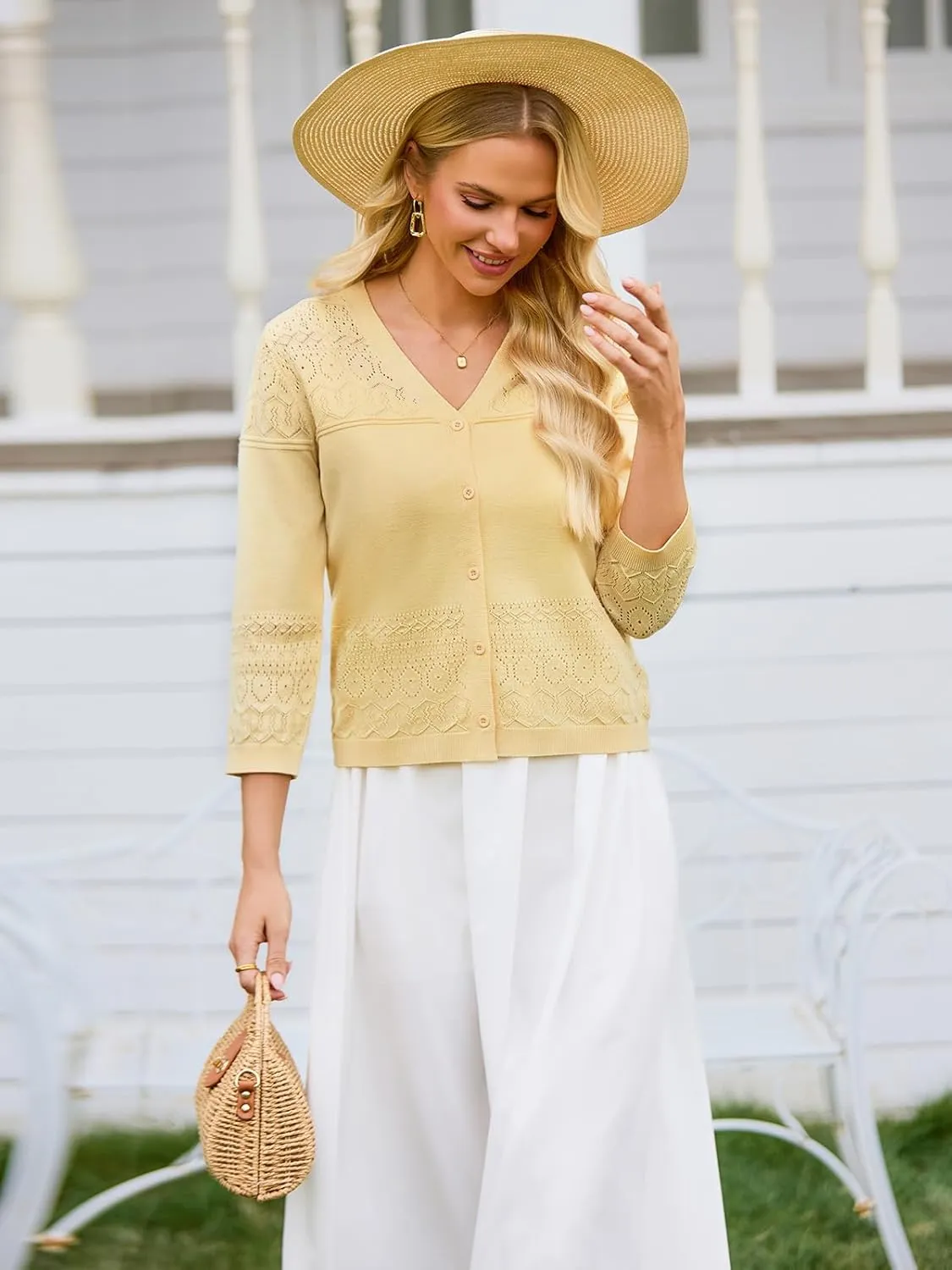 FAIRY SEASON Women's Lightweight Cropped Cardigan 3/4 Sleeve Crochet Shrug Button Down Knit Sweater Summer Cardigans