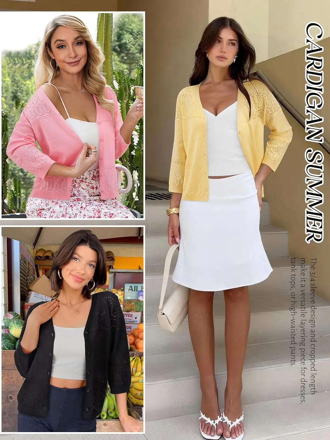 FAIRY SEASON Women's Lightweight Cropped Cardigan 3/4 Sleeve Crochet Shrug Button Down Knit Sweater Summer Cardigans