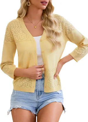 FAIRY SEASON Women's Lightweight Cropped Cardigan 3/4 Sleeve Crochet Shrug Button Down Knit Sweater Summer Cardigans