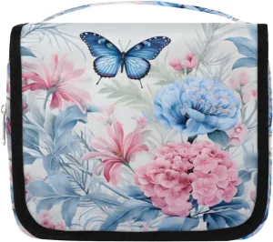 Floral Butterfly Hanging Travel Toiletry Bag Kit Makeup Case Cosmetics Organizer Floral Toiletry Bag for Women Make up Accessories Shampoo Body Cream Brushes Set