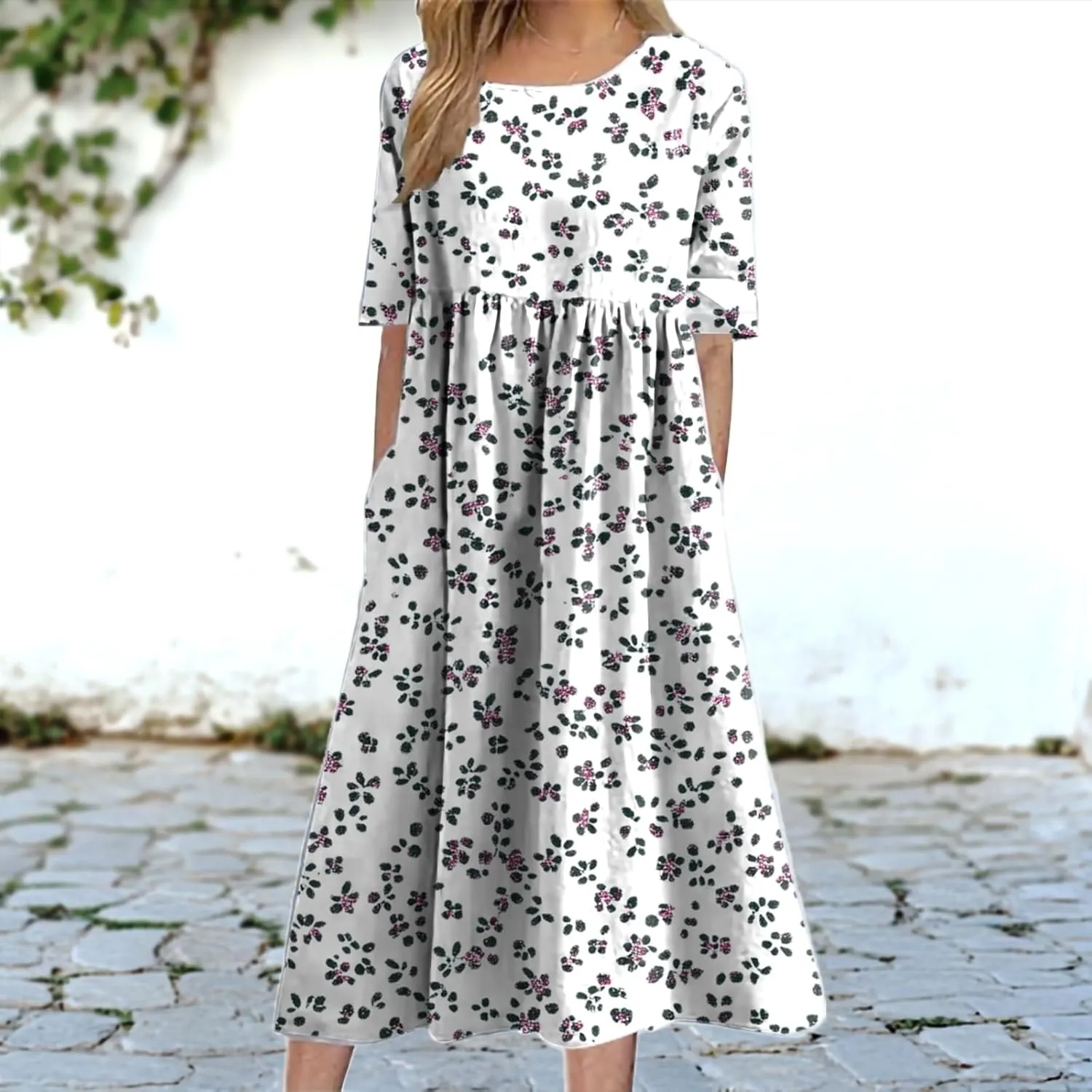 Floral Dress for Women Casual Summer Midi Boho Floral Printed Dresses Short Sleeve Trendy Elegant with Pockets