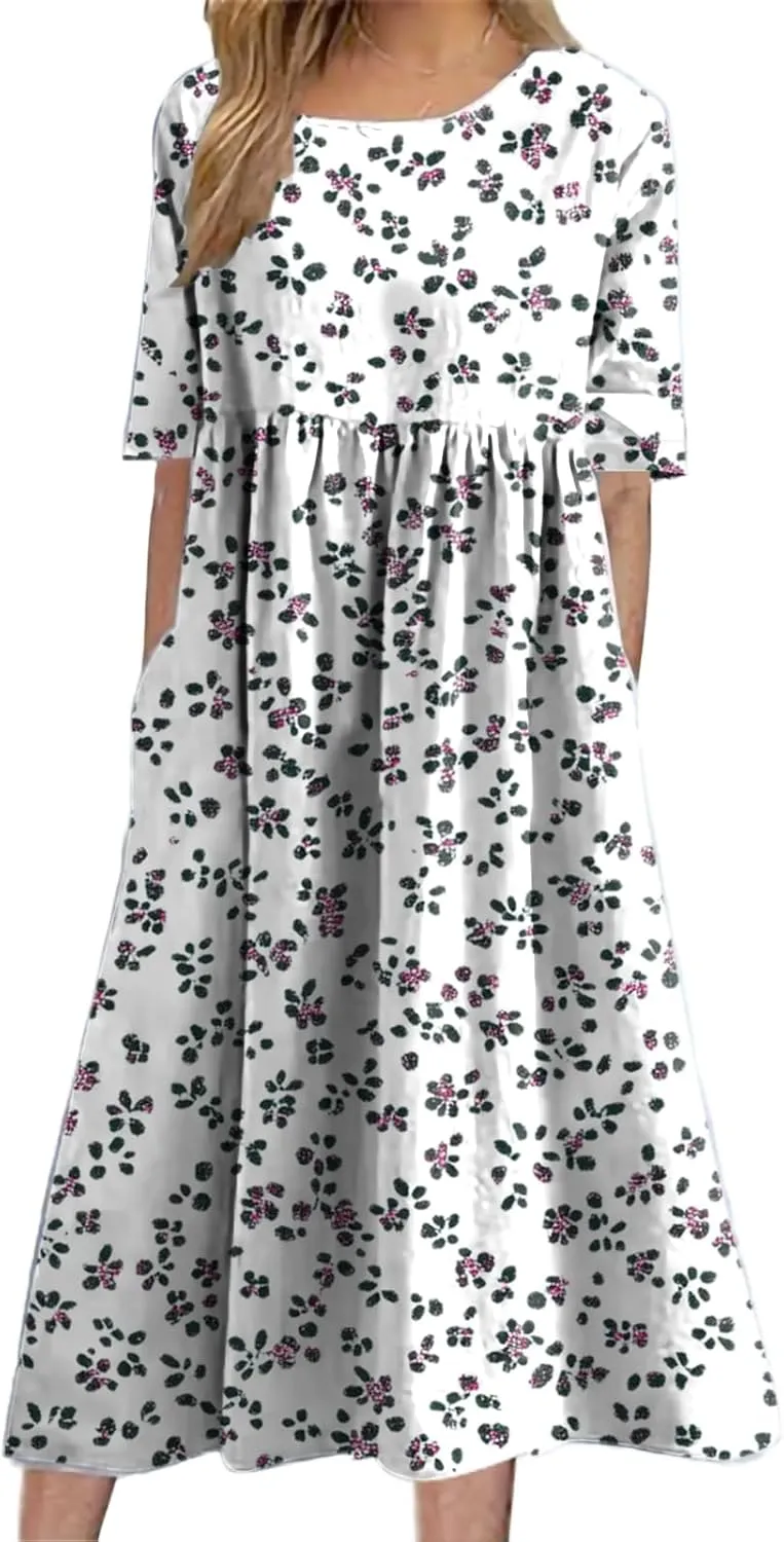Floral Dress for Women Casual Summer Midi Boho Floral Printed Dresses Short Sleeve Trendy Elegant with Pockets