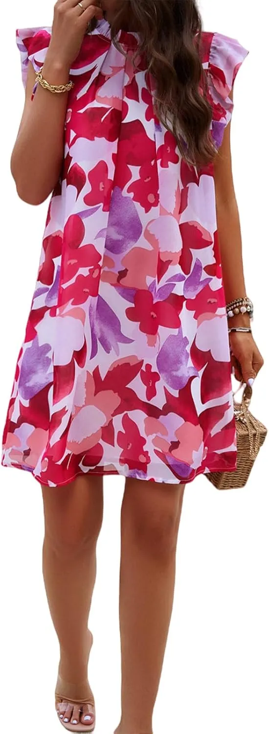 Floral Dresses for Women Summer Loose Short Ruffle Sleeve Print Mini Dress