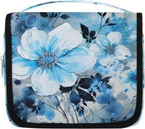 Flowers and Leaves Hanging Travel Toiletry Bag Kit Makeup Case Cosmetics Organizer Blue Toiletry Bag for Women Make up Accessories Shampoo Body Cream Brushes Set
