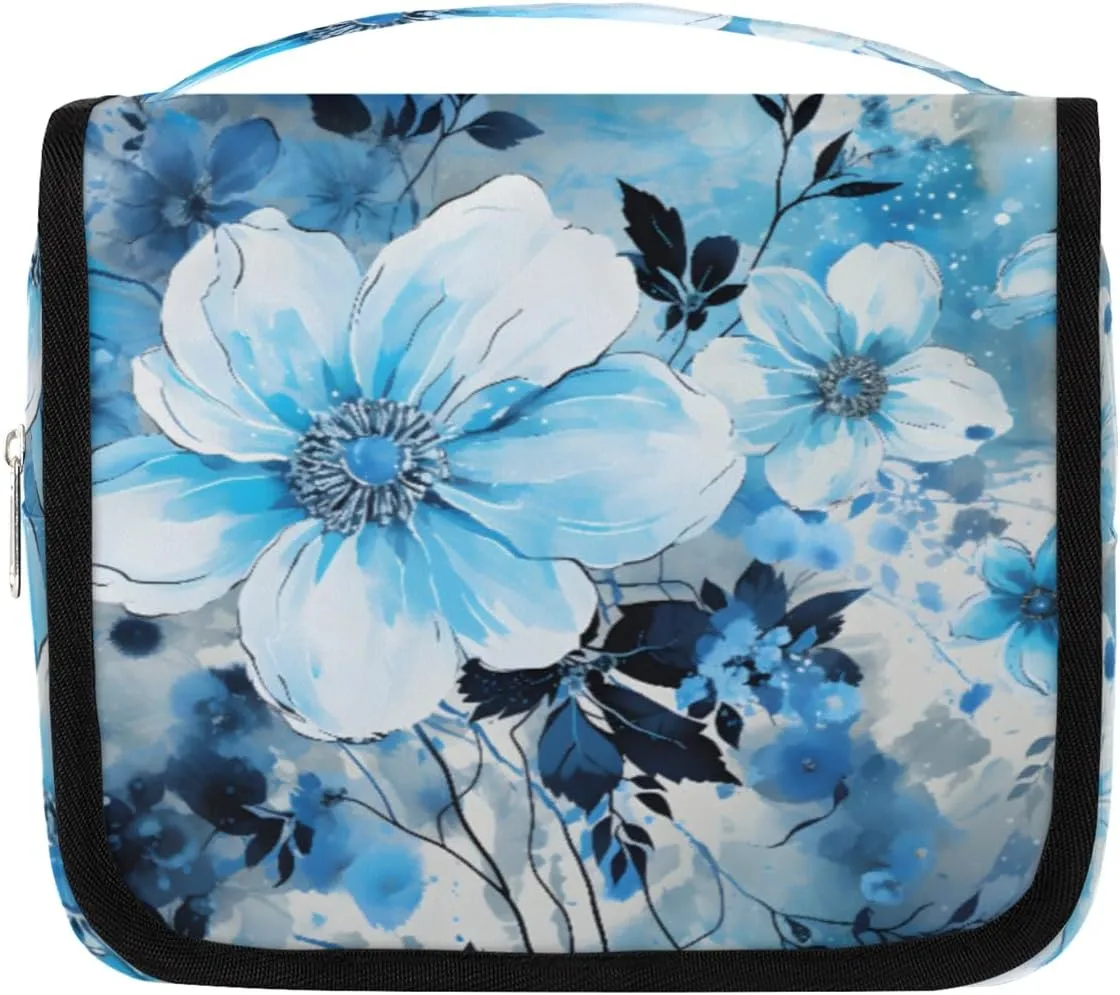 Flowers and Leaves Hanging Travel Toiletry Bag Kit Makeup Case Cosmetics Organizer Blue Toiletry Bag for Women Make up Accessories Shampoo Body Cream Brushes Set