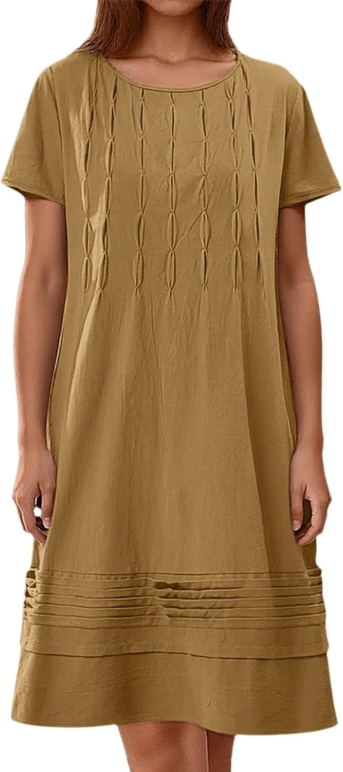 Frontaley Women's Cotton Linen Midi Dress Plus Size Cap Sleeve Pleated Summer Crew Neck Casual Vacation Dresses