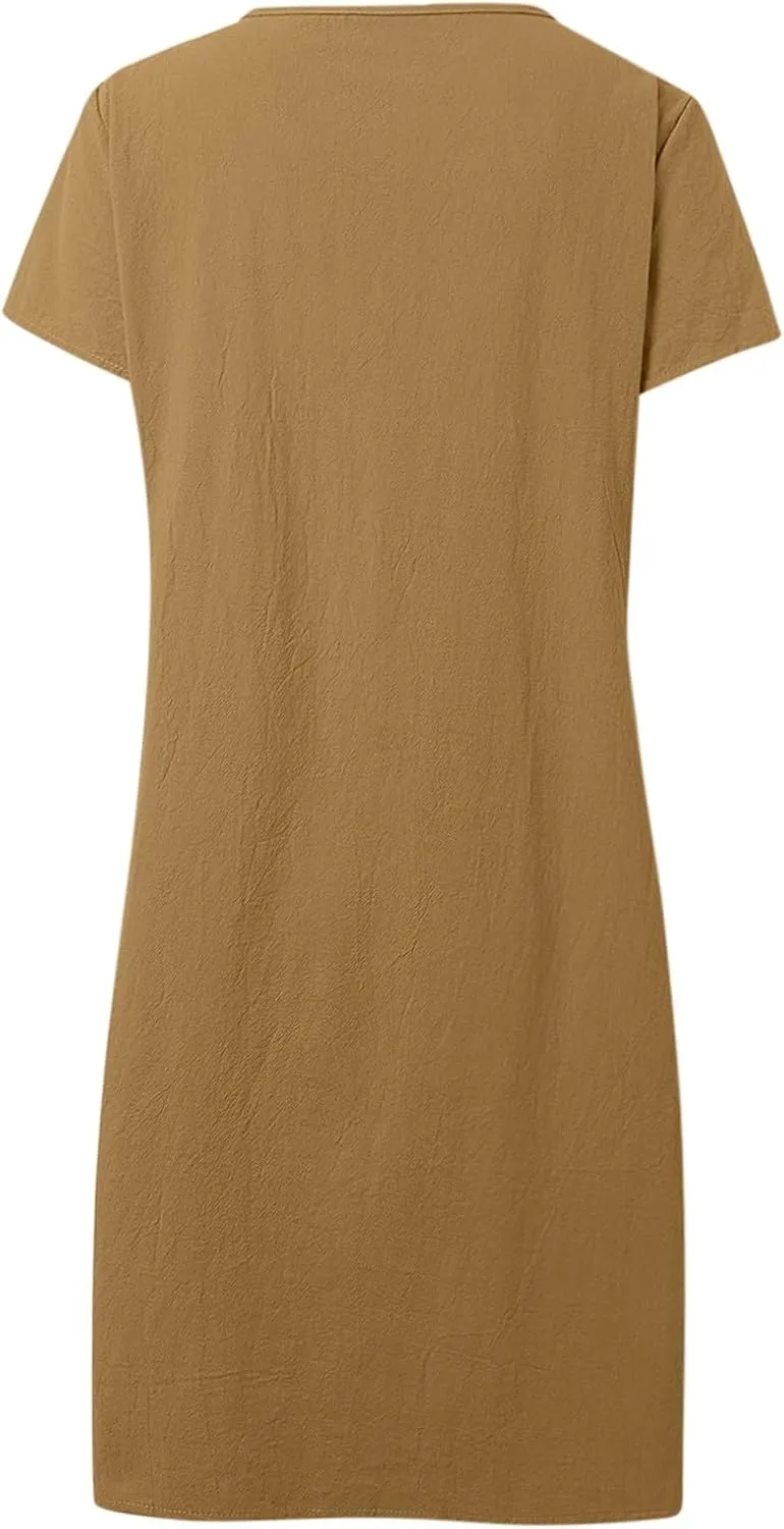 Frontaley Women's Cotton Linen Midi Dress Plus Size Cap Sleeve Pleated Summer Crew Neck Casual Vacation Dresses