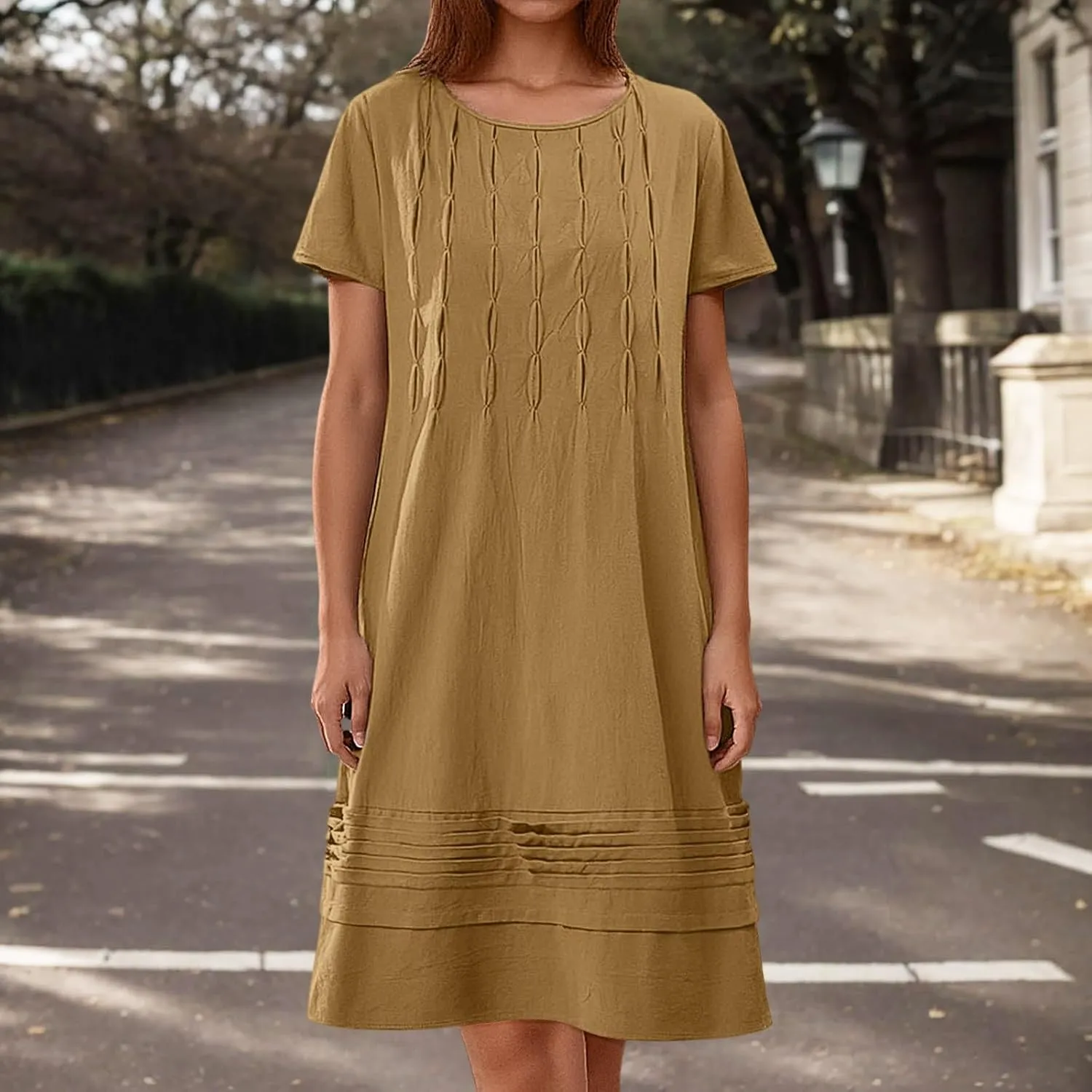 Frontaley Women's Cotton Linen Midi Dress Plus Size Cap Sleeve Pleated Summer Crew Neck Casual Vacation Dresses