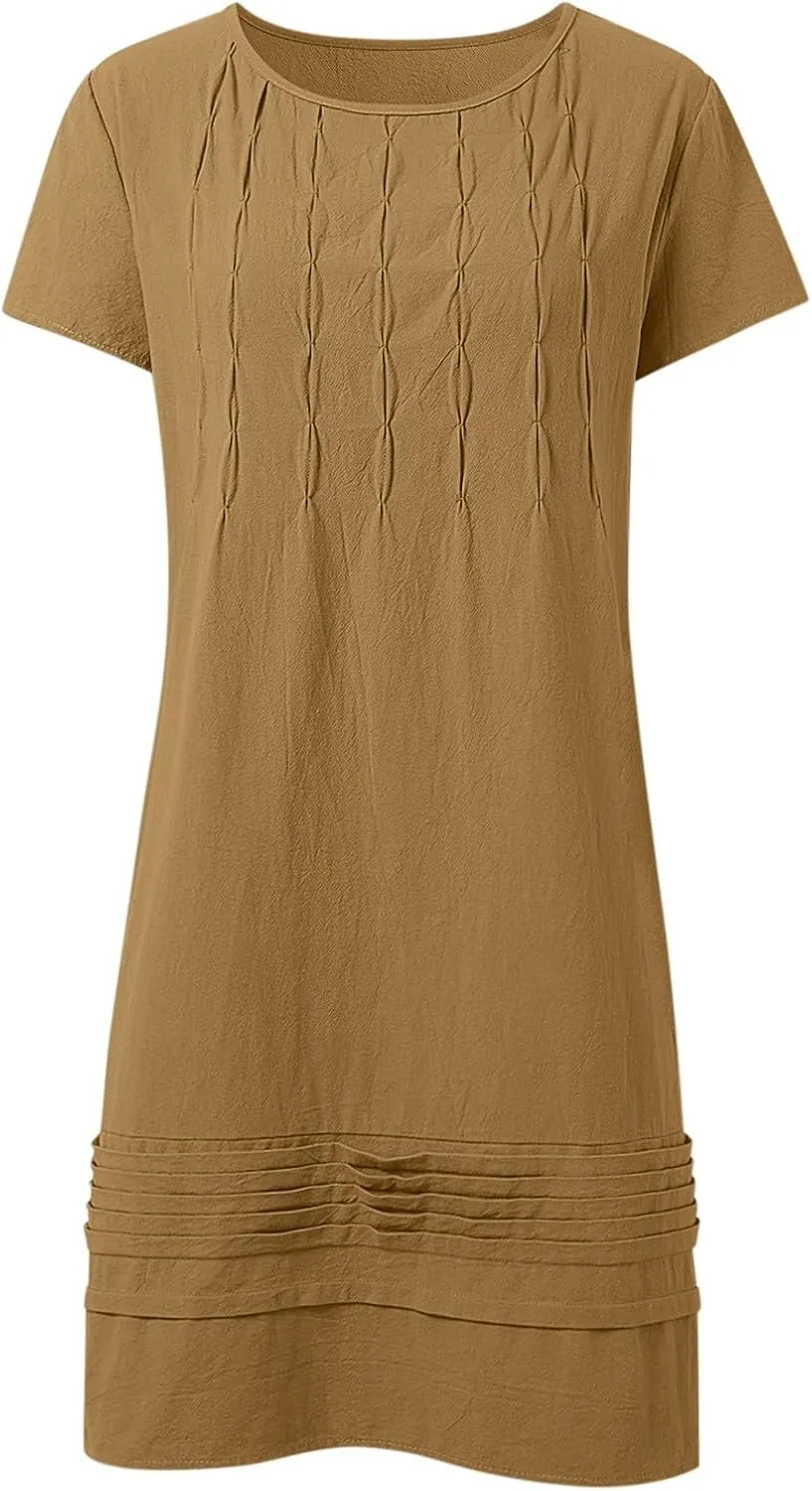 Frontaley Women's Cotton Linen Midi Dress Plus Size Cap Sleeve Pleated Summer Crew Neck Casual Vacation Dresses