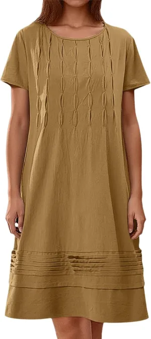 Frontaley Women's Cotton Linen Midi Dress Plus Size Cap Sleeve Pleated Summer Crew Neck Casual Vacation Dresses