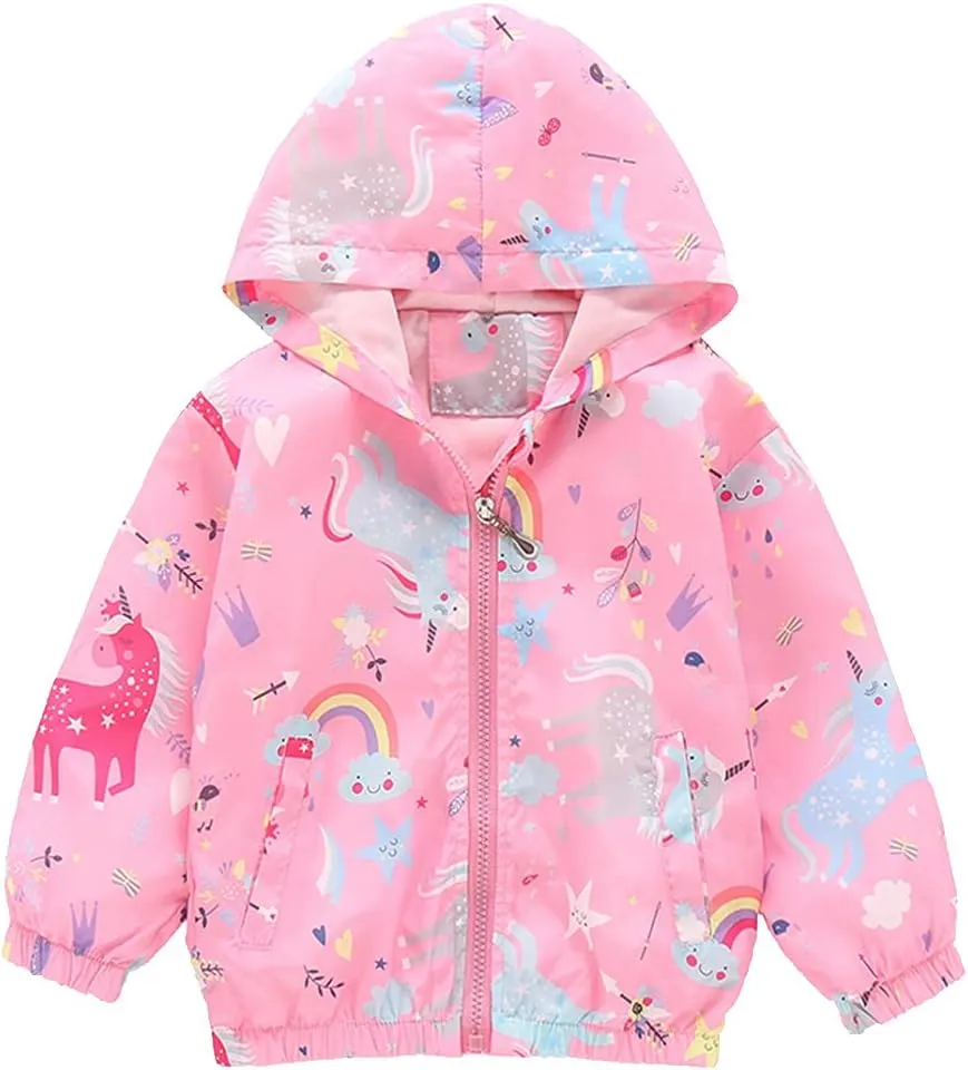 Girls Cartoon Unicorn Jackets Spring Zip Kids Hooded Flamingo Windbreaker for Toddler Pink Light Outwear