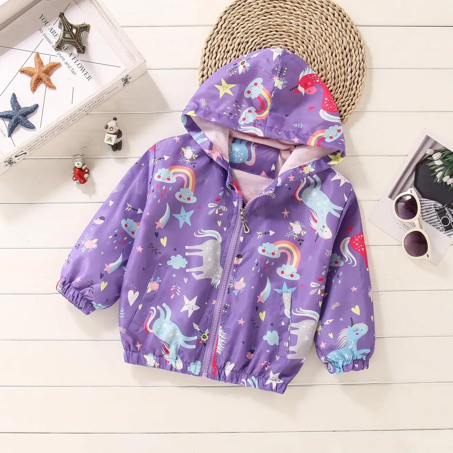 Girls Cartoon Unicorn Jackets Spring Zip Kids Hooded Flamingo Windbreaker for Toddler Pink Light Outwear