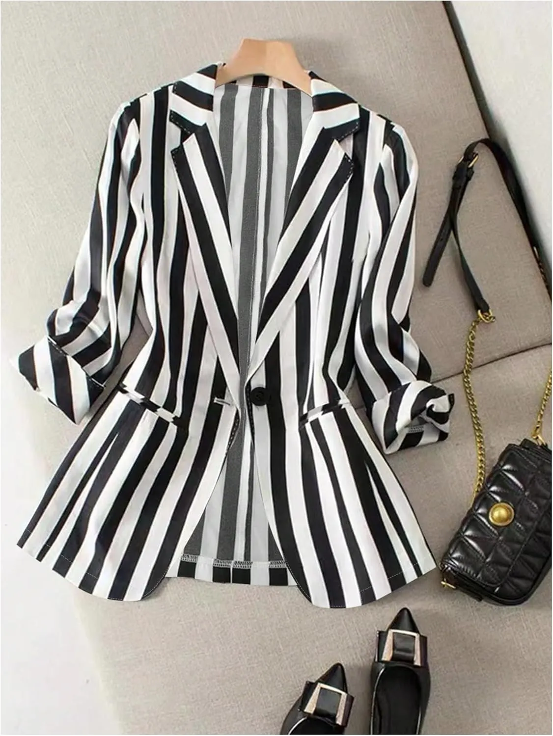GORGLITTER Women's 3/4 Sleeve Blazer Jacket Bussiness Casual Striped Suit Jacket Work Lightweight Blazers