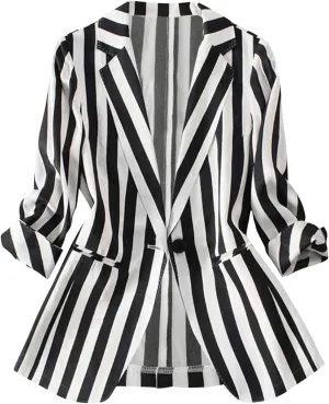 GORGLITTER Women's 3/4 Sleeve Blazer Jacket Bussiness Casual Striped Suit Jacket Work Lightweight Blazers