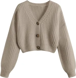 GORGLITTER Women's Button Up Cropped Cardigan Sweaters Chunky Long Sleeve V Neck Fall Coquette Cardigans