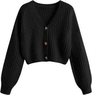 GORGLITTER Women's Button Up Cropped Cardigan Sweaters Chunky Long Sleeve V Neck Fall Coquette Cardigans