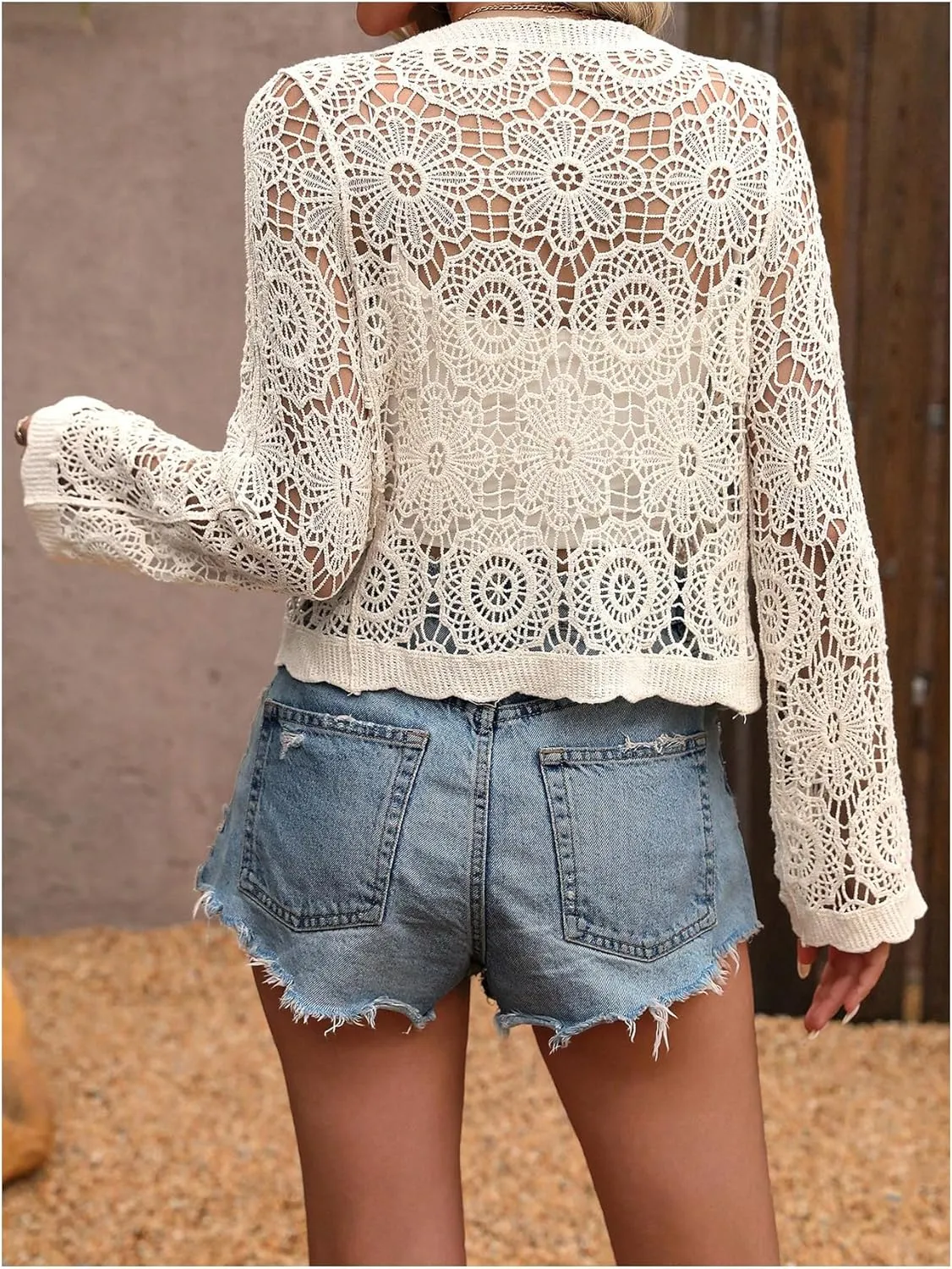 GORGLITTER Women's Crochet Lightweight Cardigans Tops Trendy Summer Long Sleeve Button Knit Cardigan Sweater 2025