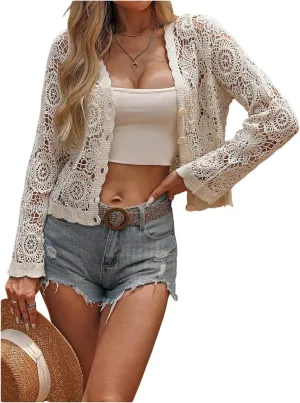 GORGLITTER Women's Crochet Lightweight Cardigans Tops Trendy Summer Long Sleeve Button Knit Cardigan Sweater 2025
