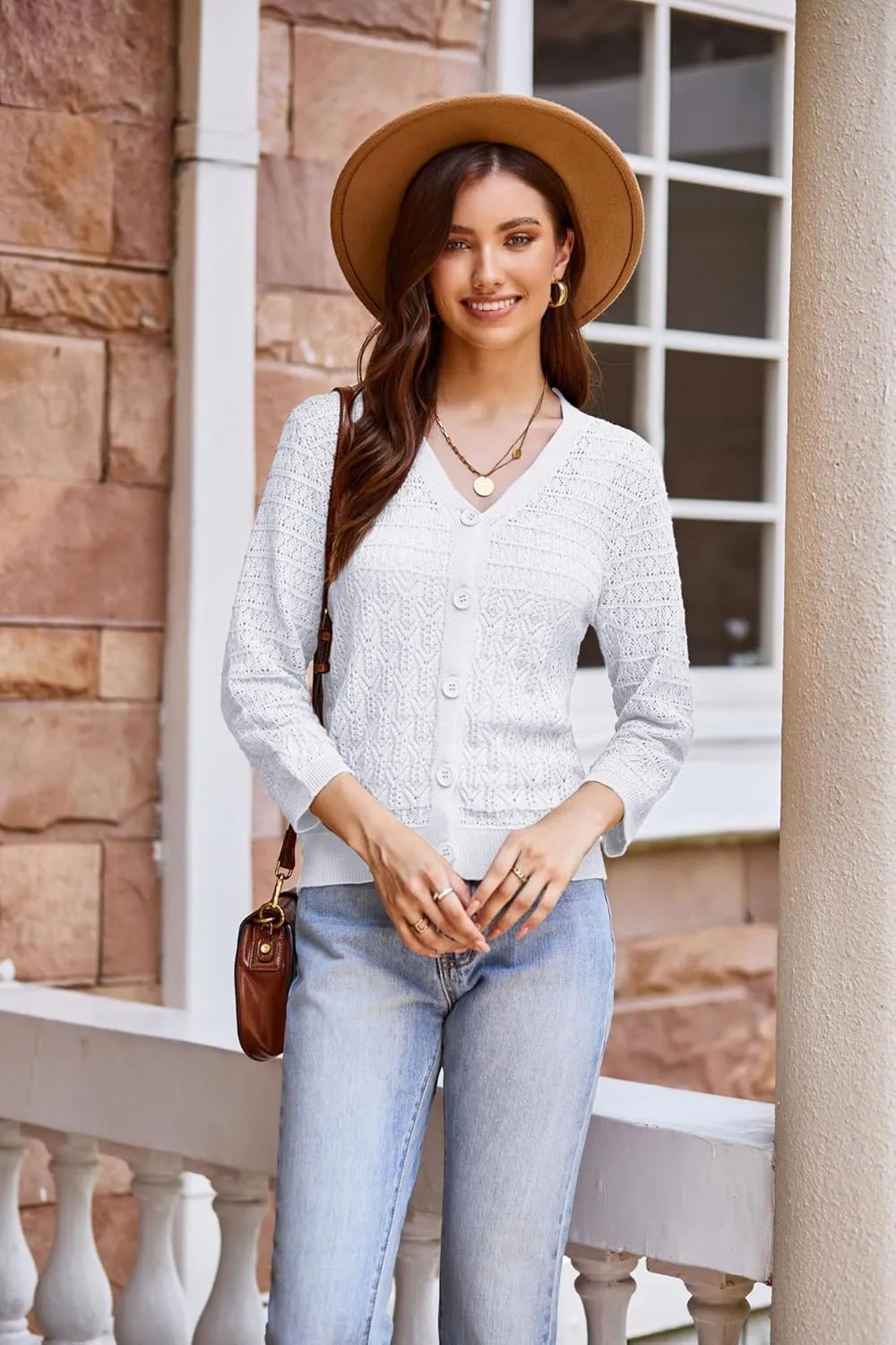 GRACE KARIN 2025 Women's 3/4 Sleeve Crochet Knit Button Down Cardigan Cropped Shrug Bolero Lightweight Sweaters Tops