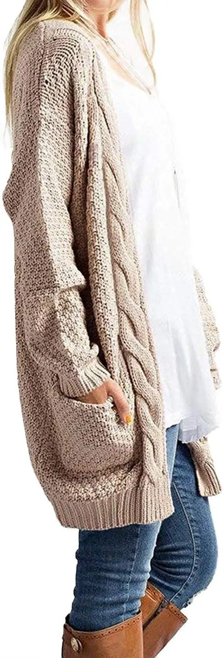 GRECERELLE Women's Loose Open Front Long Sleeve Chunky Knit Cable Cardigans Sweater with Pockets