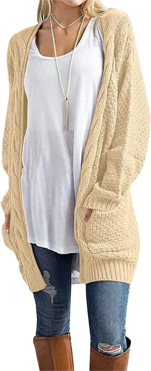 GRECERELLE Women's Loose Open Front Long Sleeve Chunky Knit Cable Cardigans Sweater with Pockets