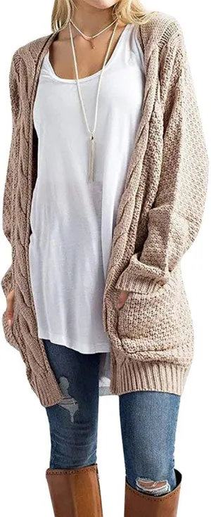 GRECERELLE Women's Loose Open Front Long Sleeve Chunky Knit Cable Cardigans Sweater with Pockets