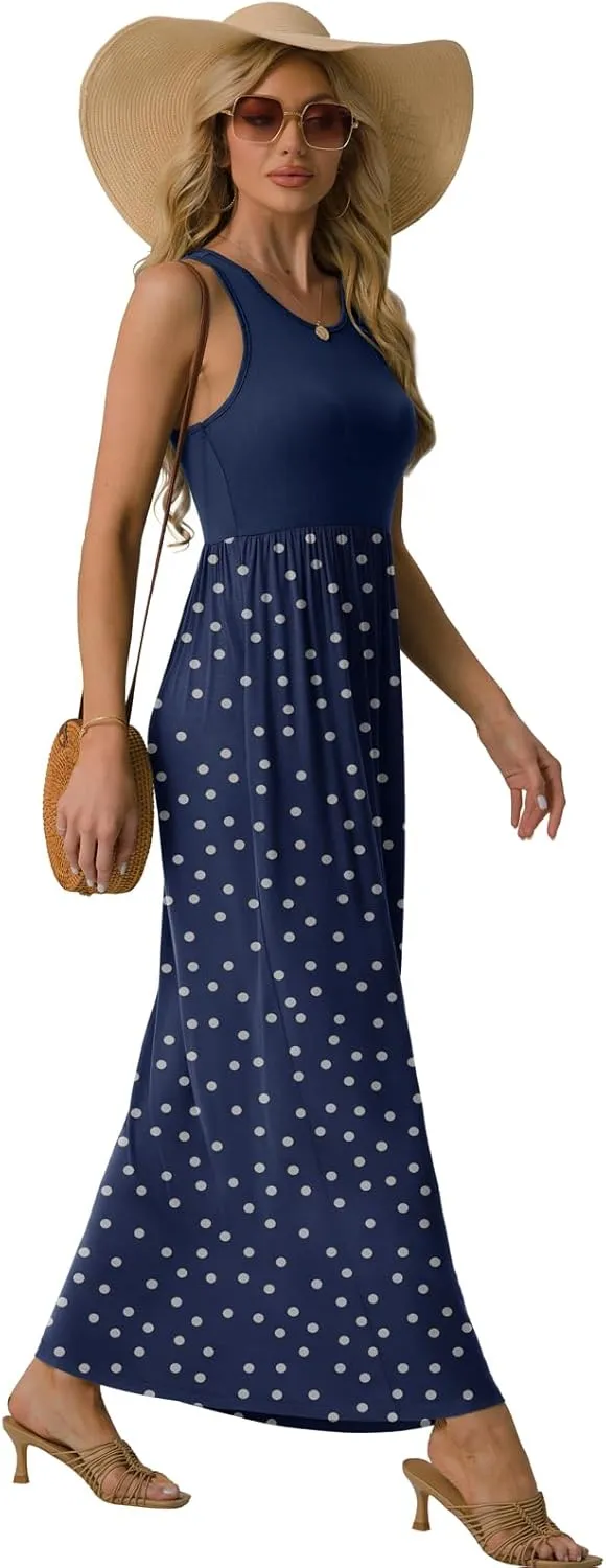 GRECERELLE Women's Sleeveless Racerback Maxi Dress Floral Print Casual Long Dresses with Pockets