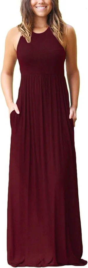GRECERELLE Women's Sleeveless Racerback Maxi Dress Floral Print Casual Long Dresses with Pockets