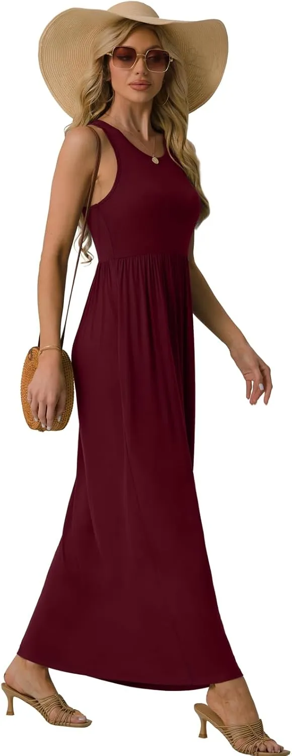 GRECERELLE Women's Sleeveless Racerback Maxi Dress Floral Print Casual Long Dresses with Pockets