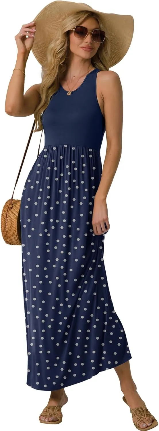 GRECERELLE Women's Sleeveless Racerback Maxi Dress Floral Print Casual Long Dresses with Pockets