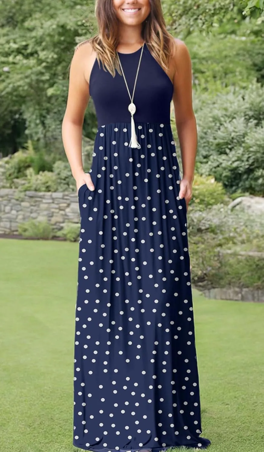 GRECERELLE Women's Sleeveless Racerback Maxi Dress Floral Print Casual Long Dresses with Pockets