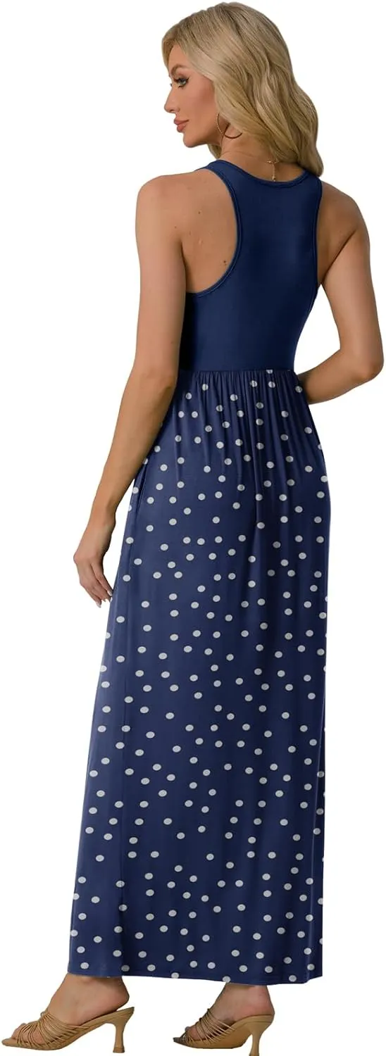 GRECERELLE Women's Sleeveless Racerback Maxi Dress Floral Print Casual Long Dresses with Pockets