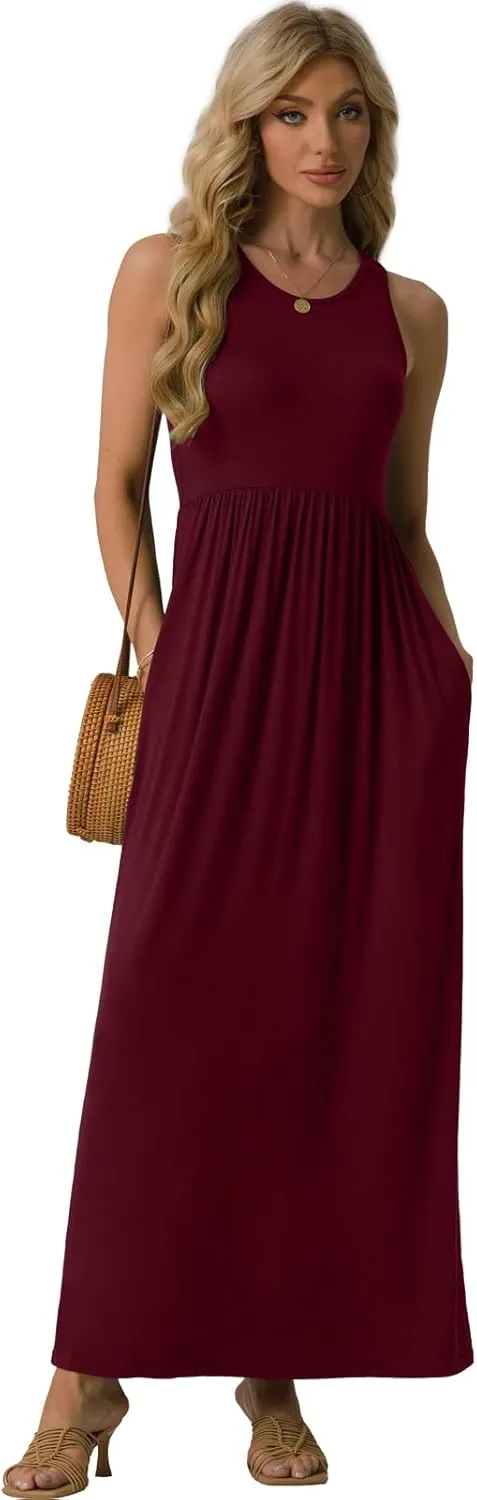 GRECERELLE Women's Sleeveless Racerback Maxi Dress Floral Print Casual Long Dresses with Pockets