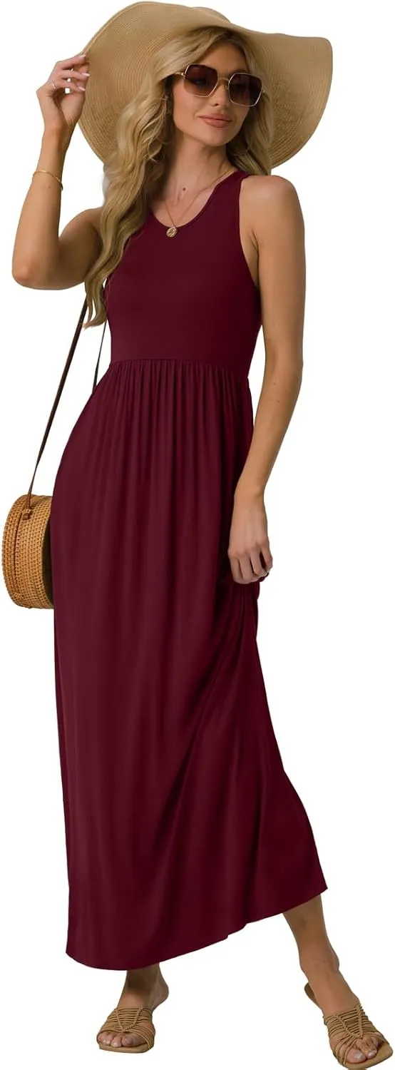 GRECERELLE Women's Sleeveless Racerback Maxi Dress Floral Print Casual Long Dresses with Pockets