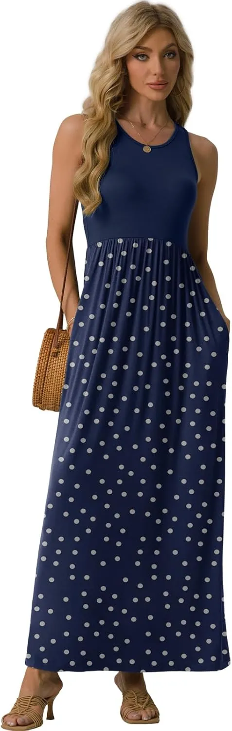 GRECERELLE Women's Sleeveless Racerback Maxi Dress Floral Print Casual Long Dresses with Pockets