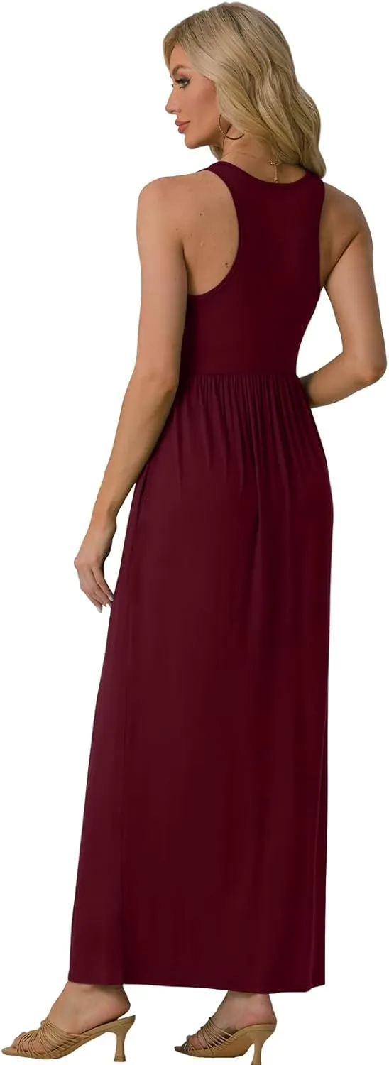 GRECERELLE Women's Sleeveless Racerback Maxi Dress Floral Print Casual Long Dresses with Pockets