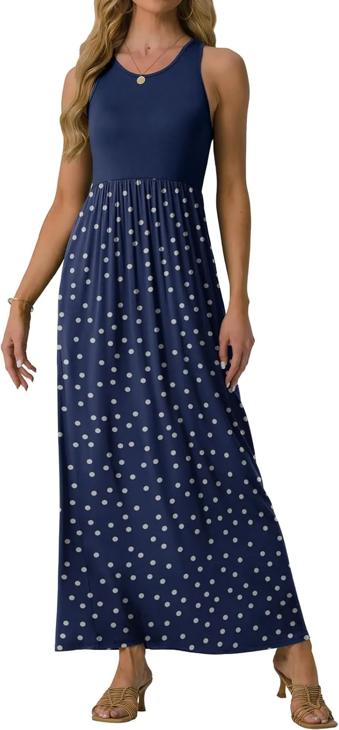 GRECERELLE Women's Sleeveless Racerback Maxi Dress Floral Print Casual Long Dresses with Pockets