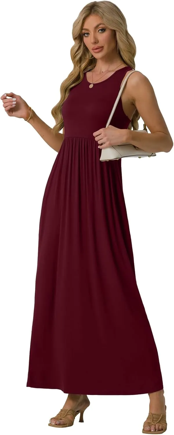 GRECERELLE Women's Sleeveless Racerback Maxi Dress Floral Print Casual Long Dresses with Pockets