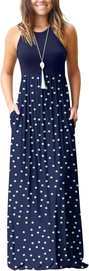 GRECERELLE Women's Sleeveless Racerback Maxi Dress Floral Print Casual Long Dresses with Pockets