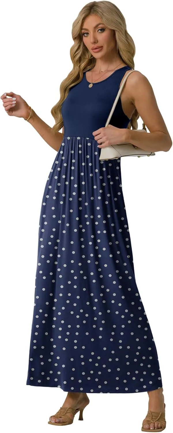 GRECERELLE Women's Sleeveless Racerback Maxi Dress Floral Print Casual Long Dresses with Pockets